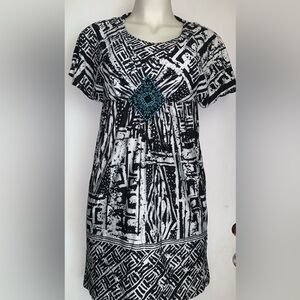 ECI New York Boho Dress black white faux turquoise embellishment , size M